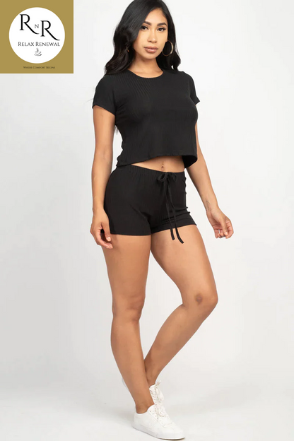 Cute & Cozy Short Sleeve Crop Top & Shorts Set