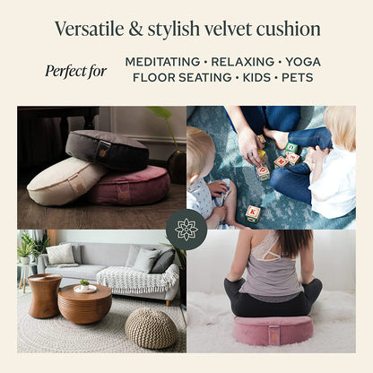 Mindful and Modern Velvet Meditation Cushion - Luxury Zafu Floor Pillow for Yoga - Large Buckwheat Meditation Pillow with Luxe Removable Cover in Six Colors